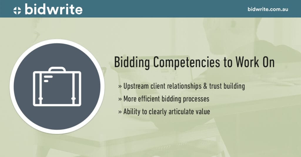 Bidding competencies to work on (with business suitcase icon) including to clearly articulate value