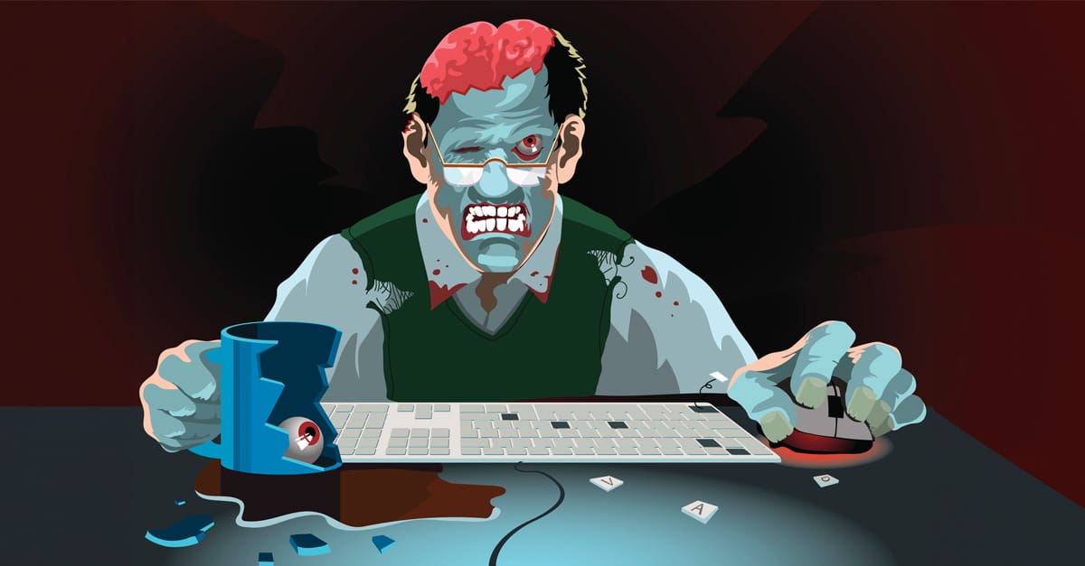 A cartoon zombie is sitting at it's computer, working on a tender that's going wrong. Representing a tendering horror story.