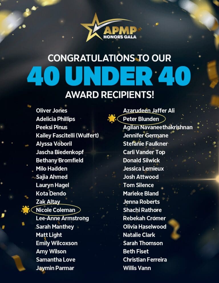 A list of the winners of APMP's 40 under 40 awards in 2024, with circles around and gold stars next to Peter Blunden and Nicole Coleman