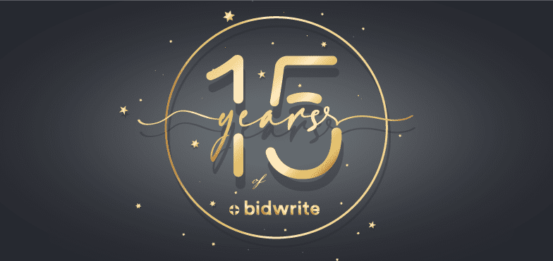 black and gold graphic that says 15 years of BidWrite