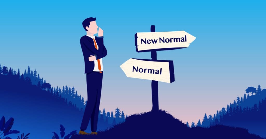 An illustrated businessman considers 'normal' versus the 'new normal' of 2021 procurement (buying and selling) at a crossroads sign pointing in two different directions.